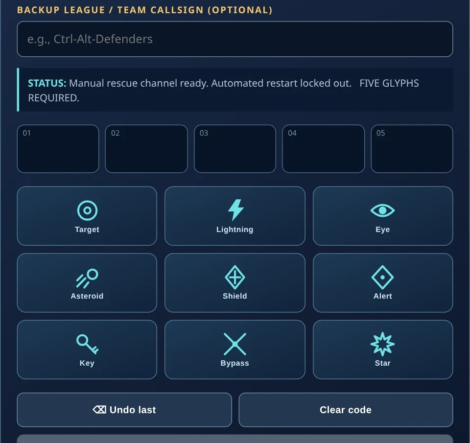 Actual H.E.L.P.E.R. rescue-console interface used in The Backup League