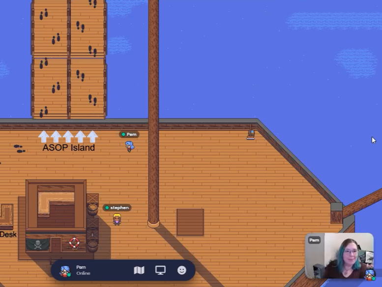 Actual interactive Gather.Town pirate-ship onboarding environment with participant avatars